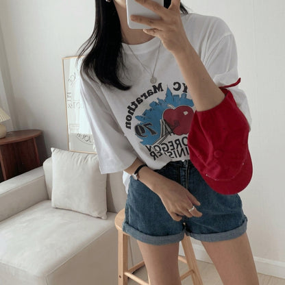 韓国発！バイオウォッシュ加工 プリント半袖Tシャツ 夏新作