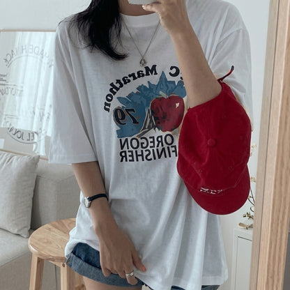 韓国発！バイオウォッシュ加工 プリント半袖Tシャツ 夏新作