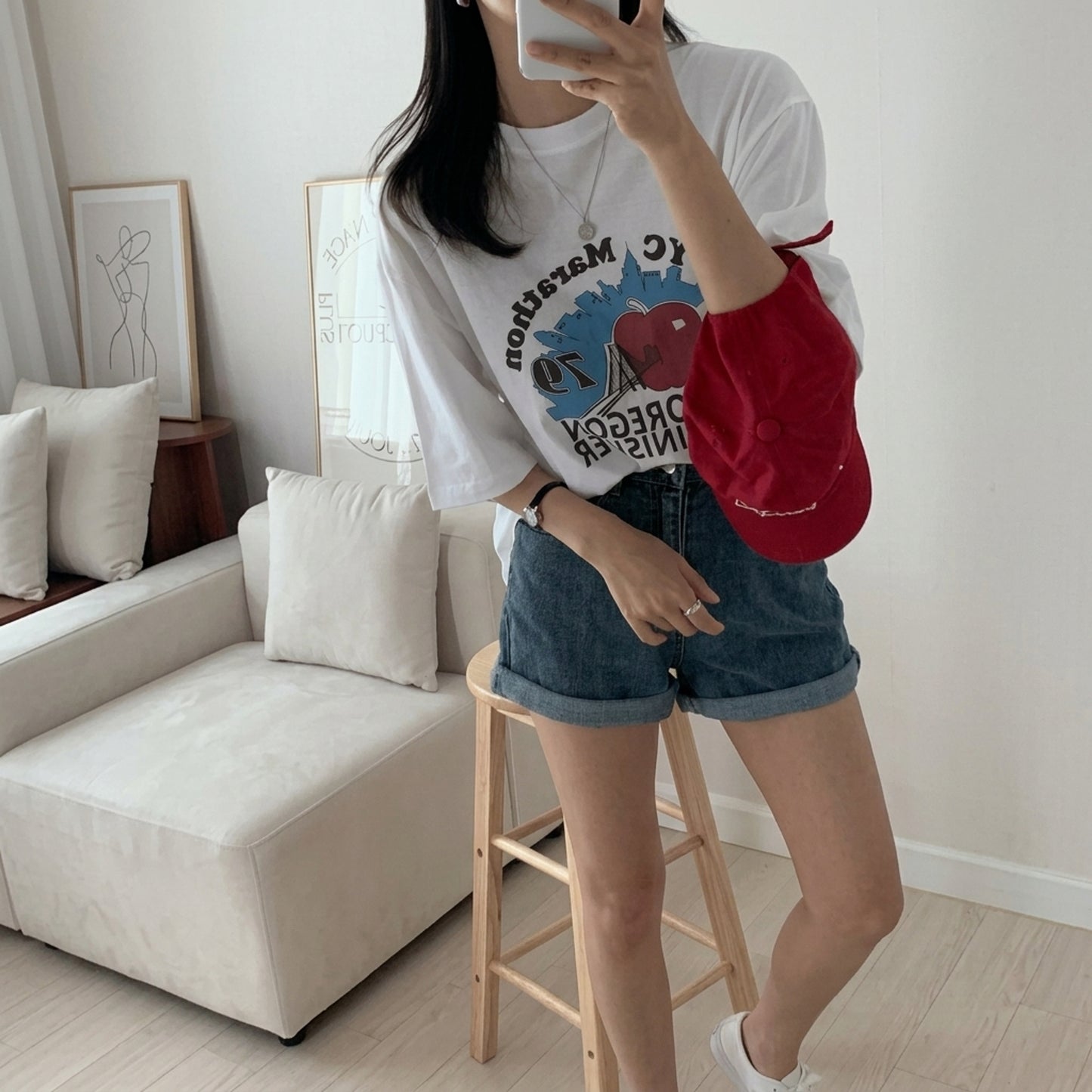 韓国発！バイオウォッシュ加工 プリント半袖Tシャツ 夏新作
