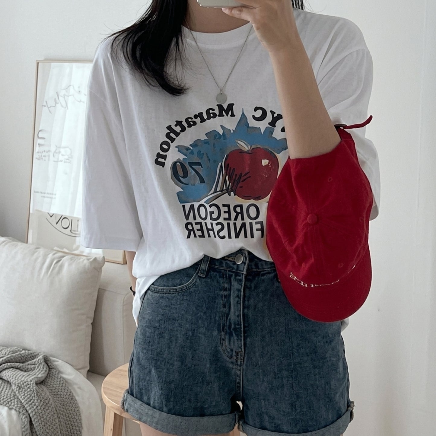 韓国発！バイオウォッシュ加工 プリント半袖Tシャツ 夏新作