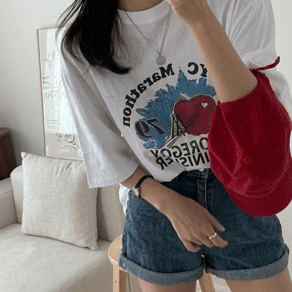 韓国発！バイオウォッシュ加工 プリント半袖Tシャツ 夏新作