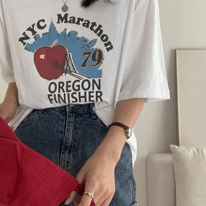 韓国発！バイオウォッシュ加工 プリント半袖Tシャツ 夏新作