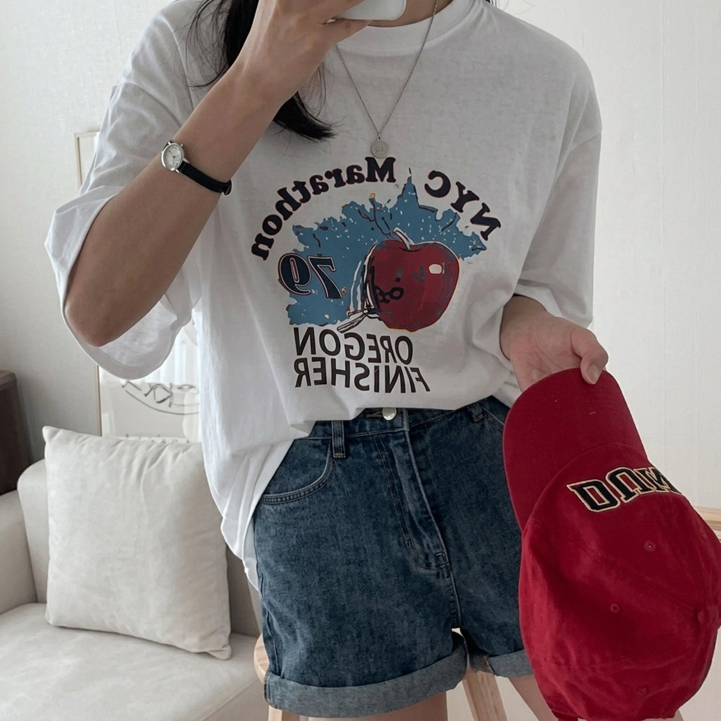 韓国発！バイオウォッシュ加工 プリント半袖Tシャツ 夏新作