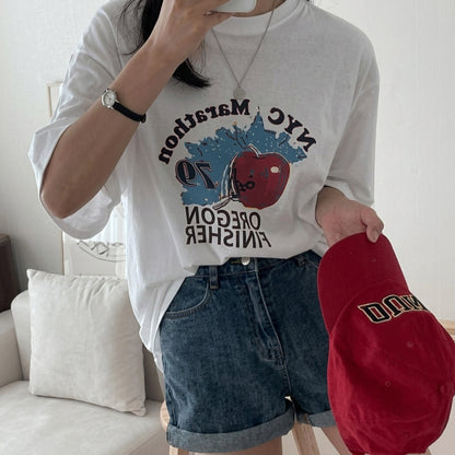 韓国発！バイオウォッシュ加工 プリント半袖Tシャツ 夏新作